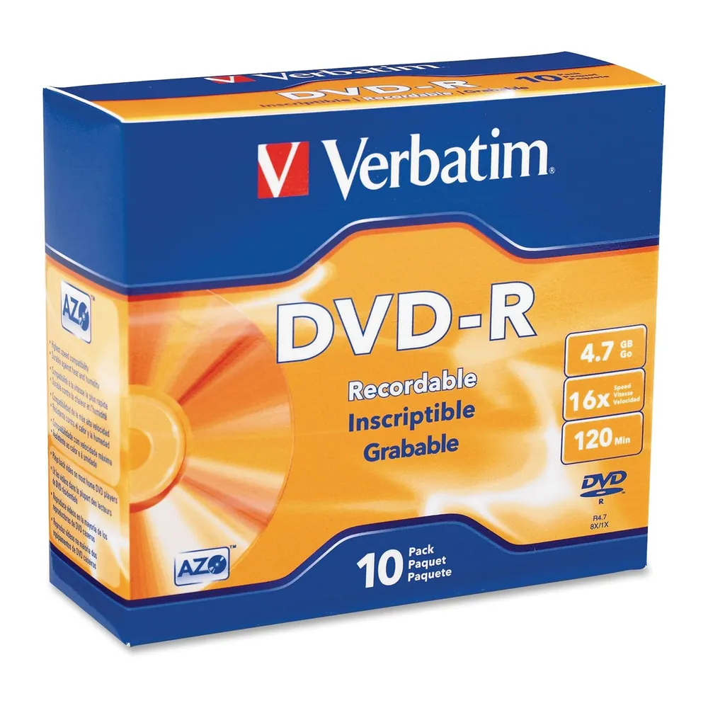 Verbatim 95099 AZO DVD-R 4.7GB 16X with Branded Surface – 10pk Slim Case 01