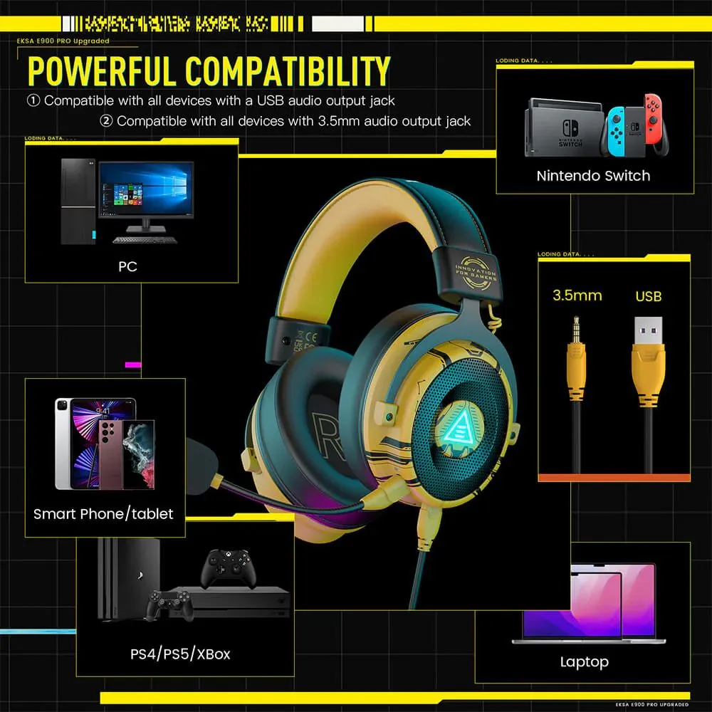 EKSA E900 Pro Yellow 7.1 Virtual Surround Sound Gaming Headset 06